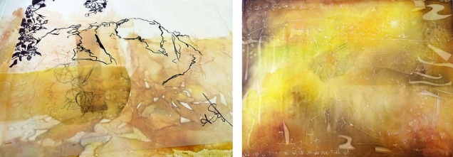 Work in Progress pieces, mixed media on canvas (each 30x40 inch). Silk dye...etc.